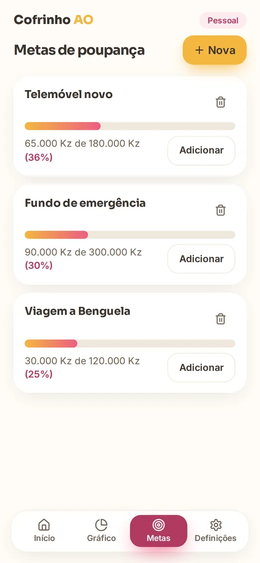 Metas de poupança com barra de progresso