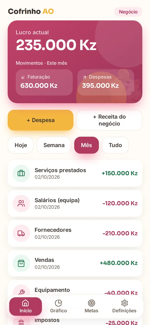 Modo Negócio com lucro, faturação e despesas