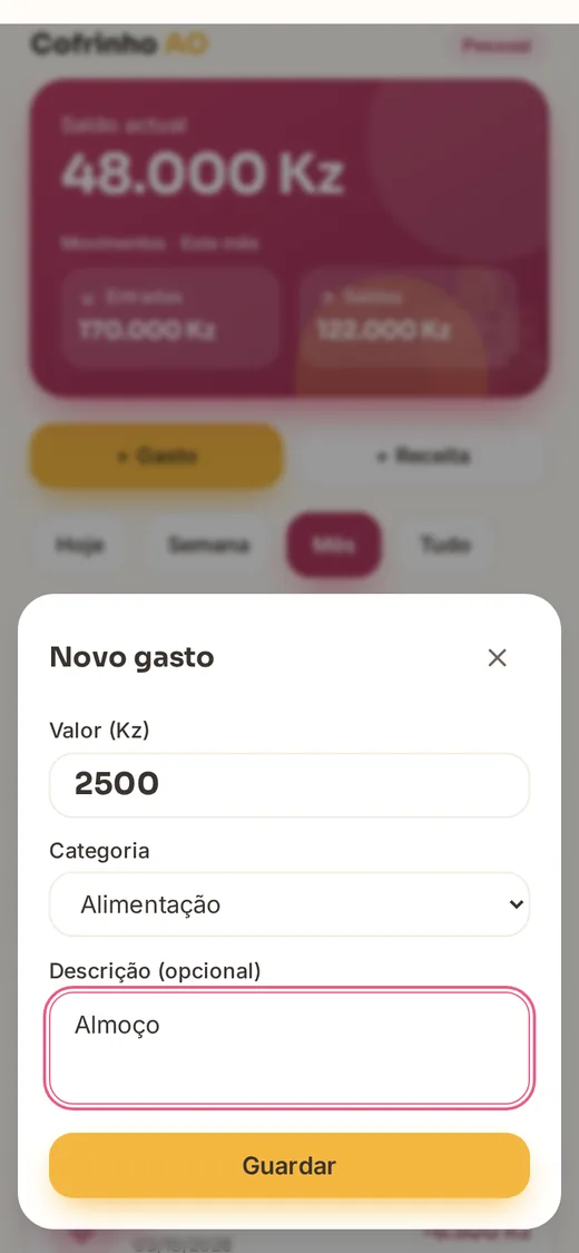 Formulário para registar um gasto com valor, categoria e descrição